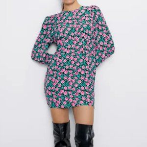 Zara Womens Mini Dress S Floral Print Pink Black
